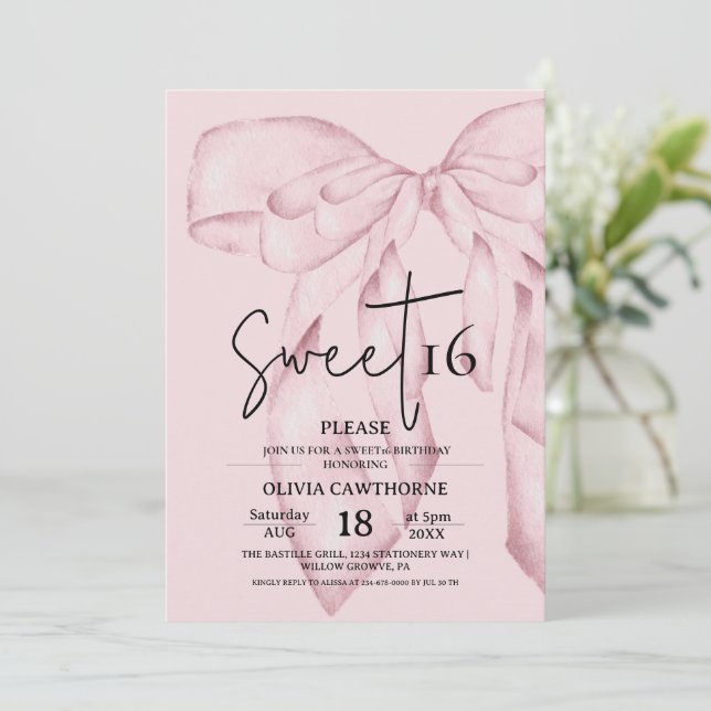 Invitación Pink Bow 16th Birthday ⎮Modern Elegant Sweet 16 (Anverso de pie)