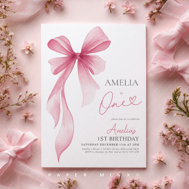 Invitación Pink Bow 1st Birthday Girl Coquette  (1st Birthday invite | Girls pink bow invitation)