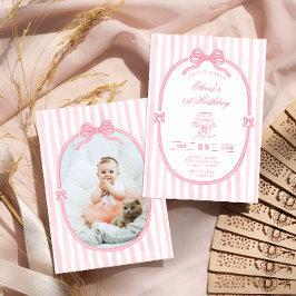Invitación Pink Bow 1st Birthday Girl Photo Invitation