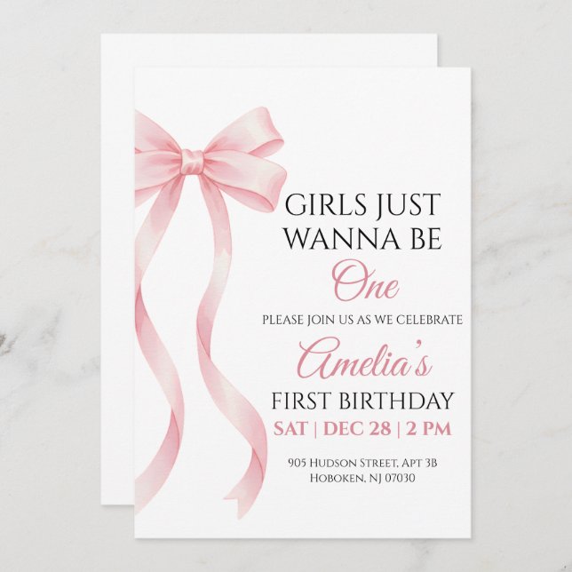Invitación Pink Bow 1st Birthday Invitation for Baby Girl (Anverso / Reverso)