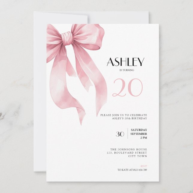 Invitación Pink Bow 20th Birthday Invitation for Girls (Anverso)