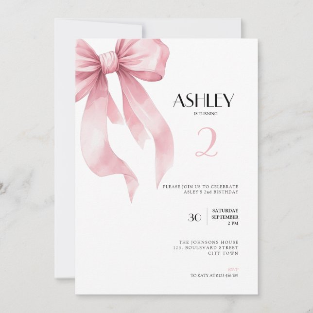 Invitación Pink Bow 2nd Birthday Invitation for Girls (Anverso)