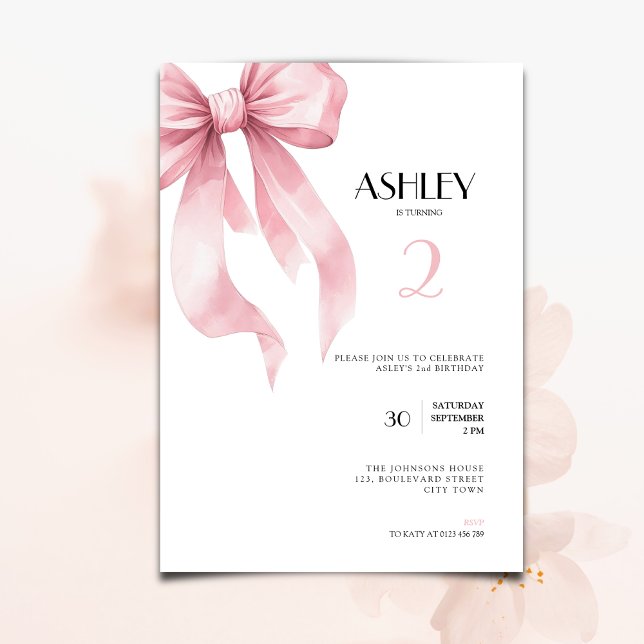 Invitación Pink Bow 2nd Birthday Invitation for Girls (Pink bow coquette ribbon 2nd birthday invitation for girls.)
