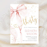 Invitación Pink Bow 30th Birthday Invitation<br><div class="desc">Pink Bow 30th birthday invitation. Modern feminine design in blush pink and gold. Features trendy watercolor coquette bow,  and heart script font "thirty". Perfect for an elegant style women's bday celebration. Personalize with your own details. Printed Zazzle invitations or instant download digital printable template.</div>