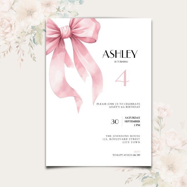 Invitación Pink Bow 4th Birthday Invitation for Girls (Pink bow coquette ribbon 4th birthday invitation for girls.)