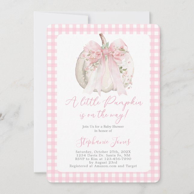 Invitación Pink Bow A Little Pumpkin Baby Shower girl (Anverso)