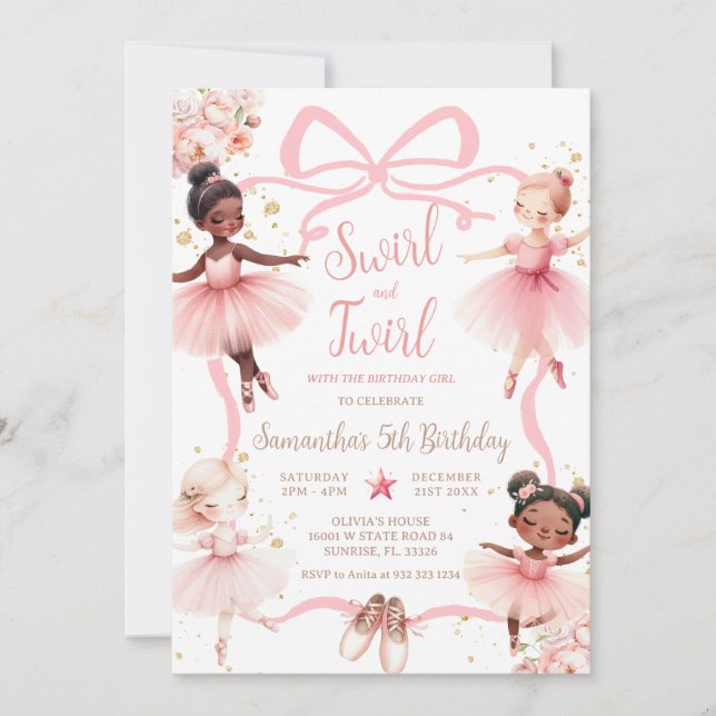 Invitación Pink Bow African American Ballerina Tutu Birthday (Anverso)