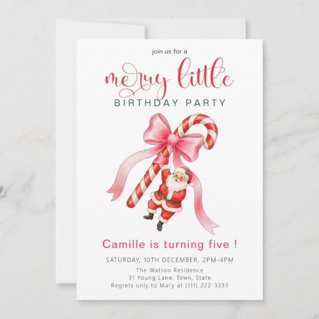 Invitación  Pink bow and candy Santa Holiday Birthday (Anverso)