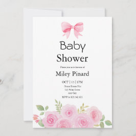 Invitación Pink Bow and Floral Baby Shower Invitation