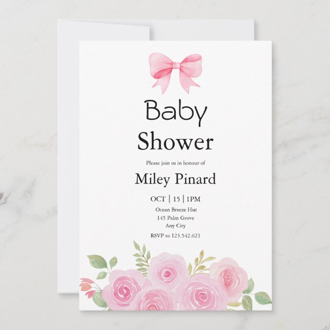 Invitación Pink Bow and Floral Baby Shower Invitation (Anverso)