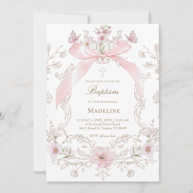 Invitación pink bow and flowers frame Baptism girl (Anverso)