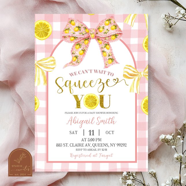Invitación Pink Bow and Yellow Lemon Baby Shower Invitation (Subido por el creador)