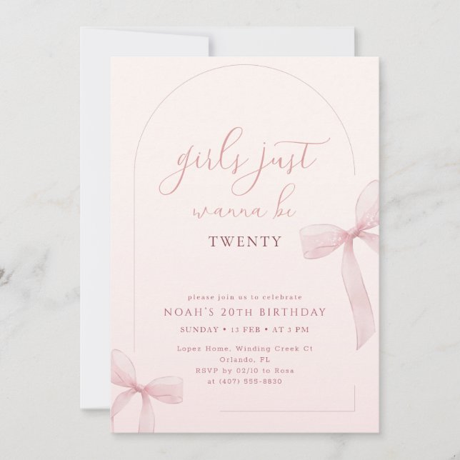 Invitación Pink Bow Arch Frame Girl 20th Birthday Invitation (Anverso)