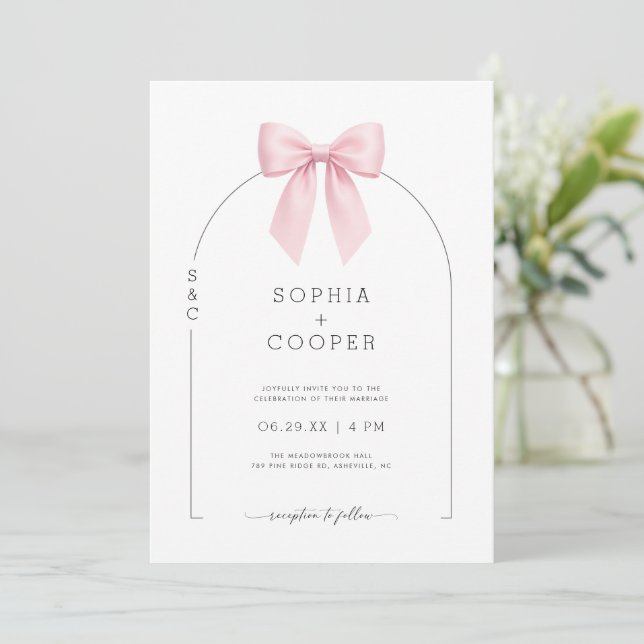 Invitación Pink Bow Arch Modern Serif Wedding Invitation (Anverso de pie)