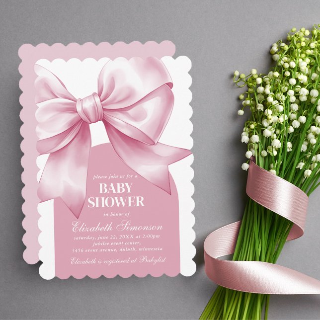 Invitación Pink Bow Baby Girl Elegant Baby Shower (Pink Bow Baby Girl Elegant Baby Shower Invitation)