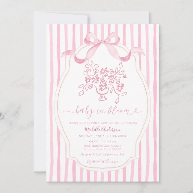 Invitación Pink Bow Baby in Bloom Baby Shower Invitation (Anverso)