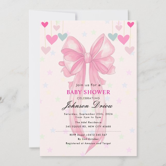 Invitación Pink Bow Baby Shower | Elegant Watercolr (Anverso)