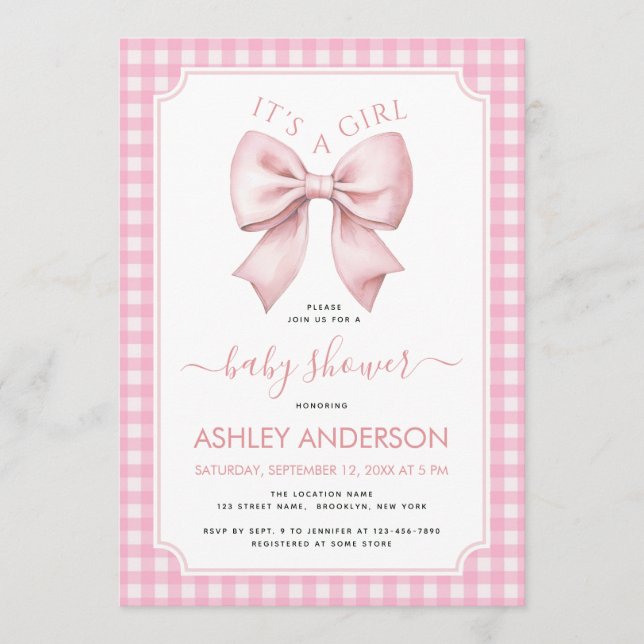 Invitación Pink Bow Baby Shower Gingham Plaid It's a Girl  (Anverso)