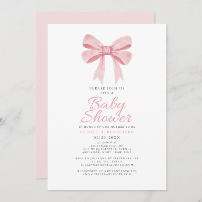Invitación Pink Bow Baby Shower Girly Coquette Elegel Pastel (Anverso / Reverso)