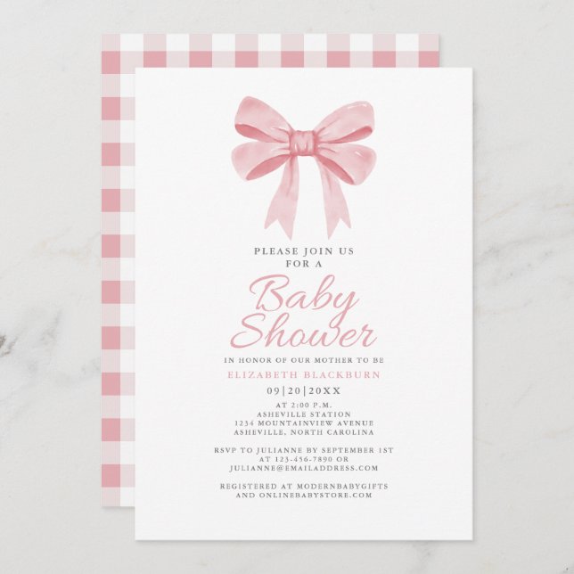 Invitación Pink Bow Baby Shower Girly Coquette Gingham Check (Anverso / Reverso)