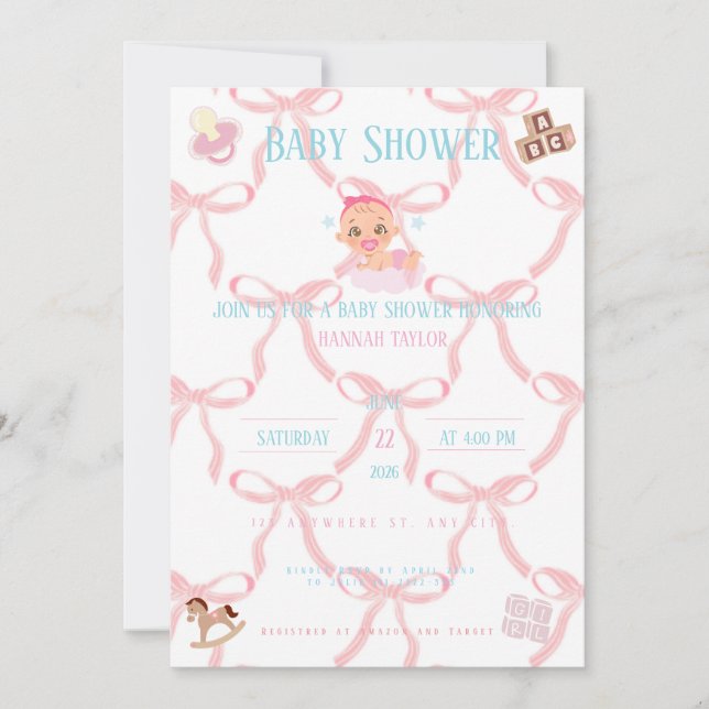 Invitación Pink Bow Baby Shower Invitation Customizable (Anverso)