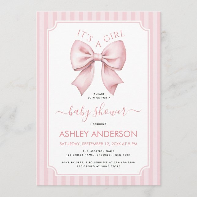 Invitación Pink Bow Baby Shower It's a Girl Coquette Stripes (Anverso)