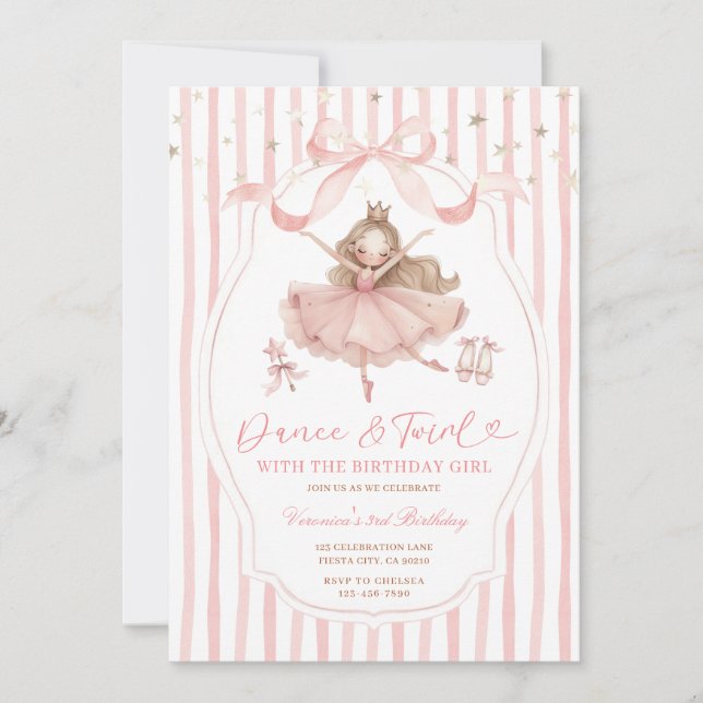 Invitación Pink Bow Ballerina Dance and Twirl Birthday Stripe (Anverso)