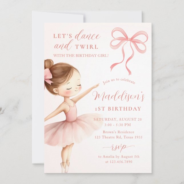 Invitación Pink Bow Ballet Dancer Girl Birthday Party (Anverso)