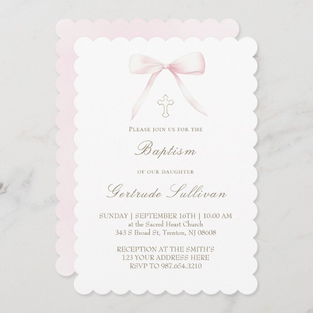 Invitación pink bow | Baptism girl (Anverso / Reverso)
