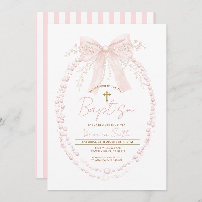 Invitación Pink Bow Baptism Watercolor Girl Christening (Anverso / Reverso)