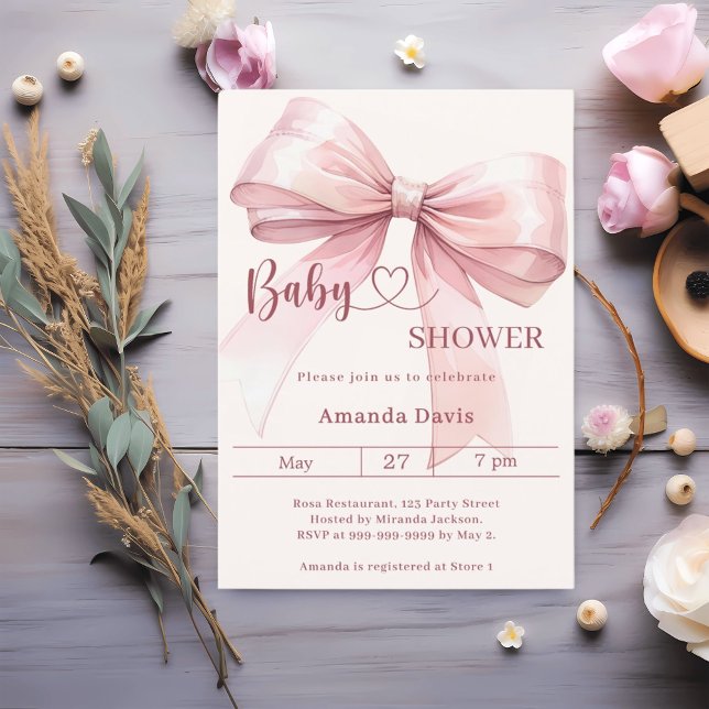 Invitación Pink bow beige cream girl elegant Baby Shower (Subido por el creador)