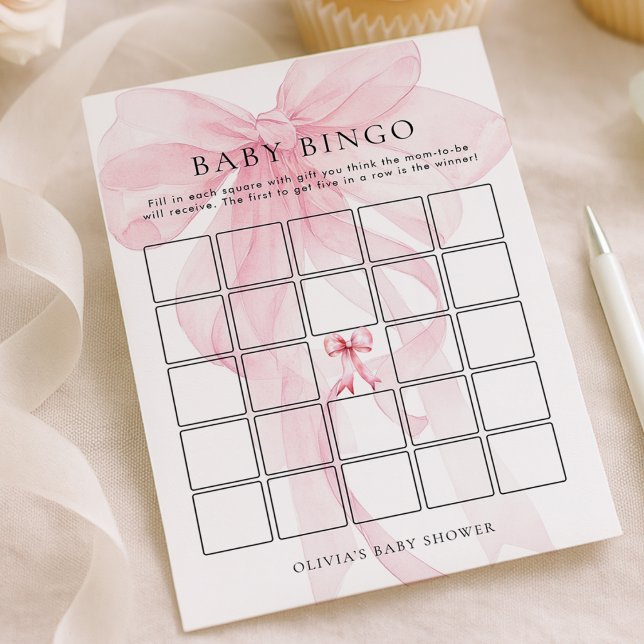 Invitación Pink Bow Bingo Baby Shower Game Card (Subido por el creador)