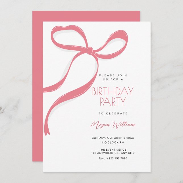 Invitación Pink bow birthday (Anverso / Reverso)