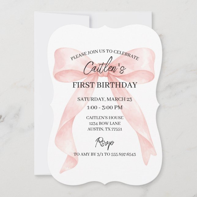 Invitación Pink Bow Birthday (Anverso)