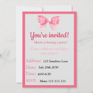 Invitación Pink Bow Birthday Invitation