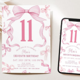 Invitación Pink Bow Birthday Invite, Girls 11th Birthday Invi