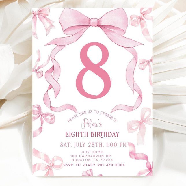 Invitación Pink Bow Birthday Invite, Girls 8th Birthday Invit (Subido por el creador)