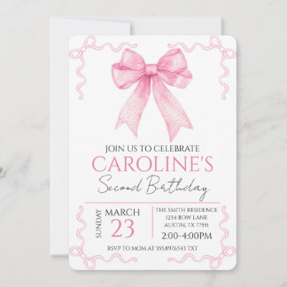 Invitación Pink Bow Birthday Watercolor
