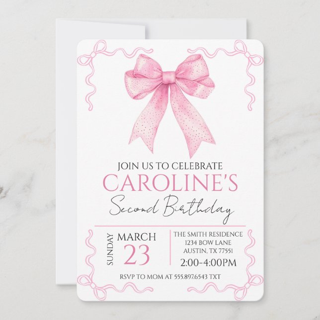 Invitación Pink Bow Birthday Watercolor (Anverso)