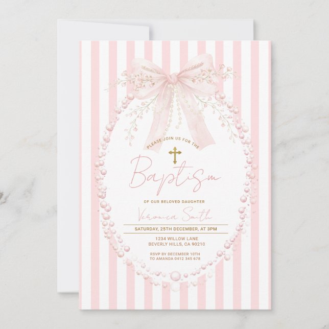 Invitación Pink Bow Blush Cross Stripes Baptism Invitation (Anverso)
