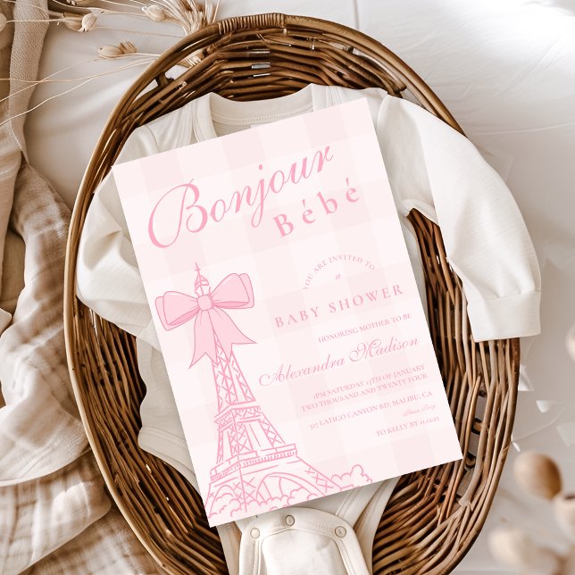 Invitación Pink Bow Bonjour Bebe Baby Shower (Subido por el creador)