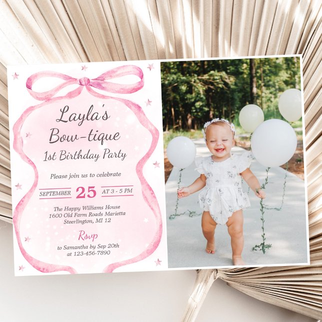 Invitación Pink Bow Boutique 1er cumpleaños Fiesta foto (Subido por el creador)
