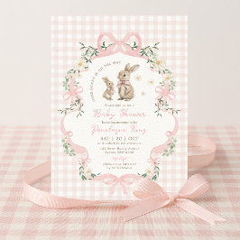 Invitación Pink Bow Bunny Gingham Floral Girl Baby Shower