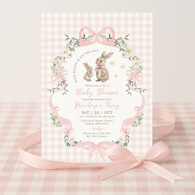 Invitación Pink Bow Bunny Gingham Floral Girl Baby Shower (Subido por el creador)