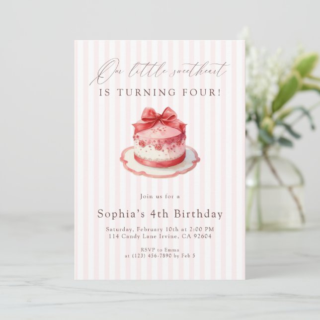Invitación Pink Bow Cake 4th Birthday (Anverso de pie)