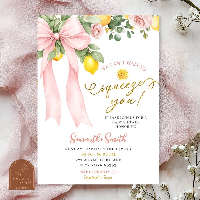 Invitación Pink Bow Can't Wait to Squeeze You Baby Shower (Subido por el creador)
