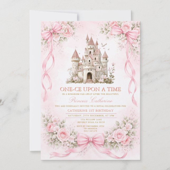 Invitación Pink Bow Castle First Birthday (Anverso)