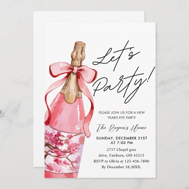 Invitación Pink Bow Champagne Bottle New Year's Eve Party (Anverso / Reverso)