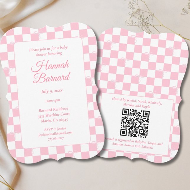 Invitación Pink Bow Checkered Girly Coquette Baby Shower (Pink Bow Checkered Girly Coquette Baby Shower Invitation)