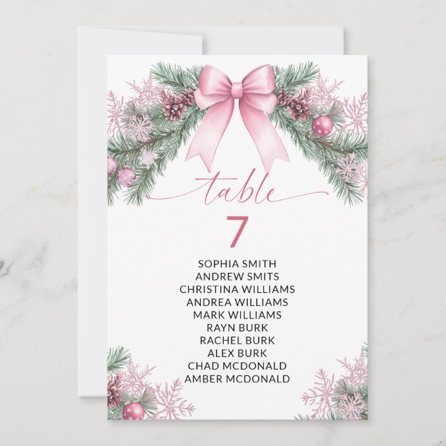 Invitación Pink Bow Christmas Table Number Seating Chart (Anverso)